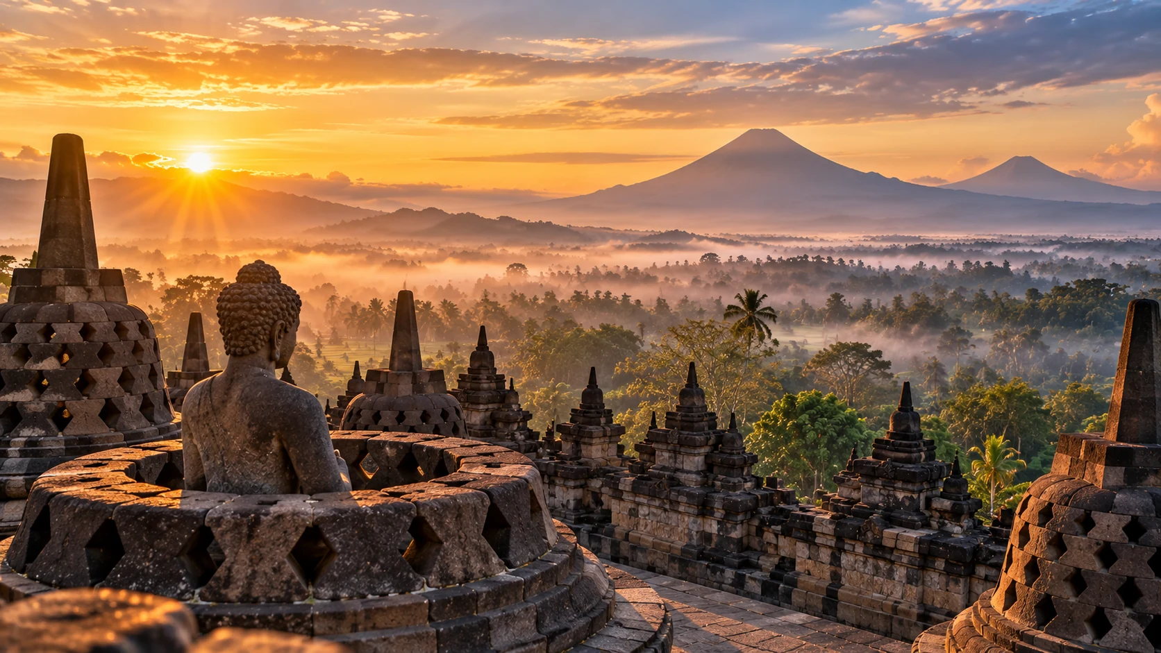 Majestic sunrise behind ancient stone stupas of Borobudur temple in Yogyakarta