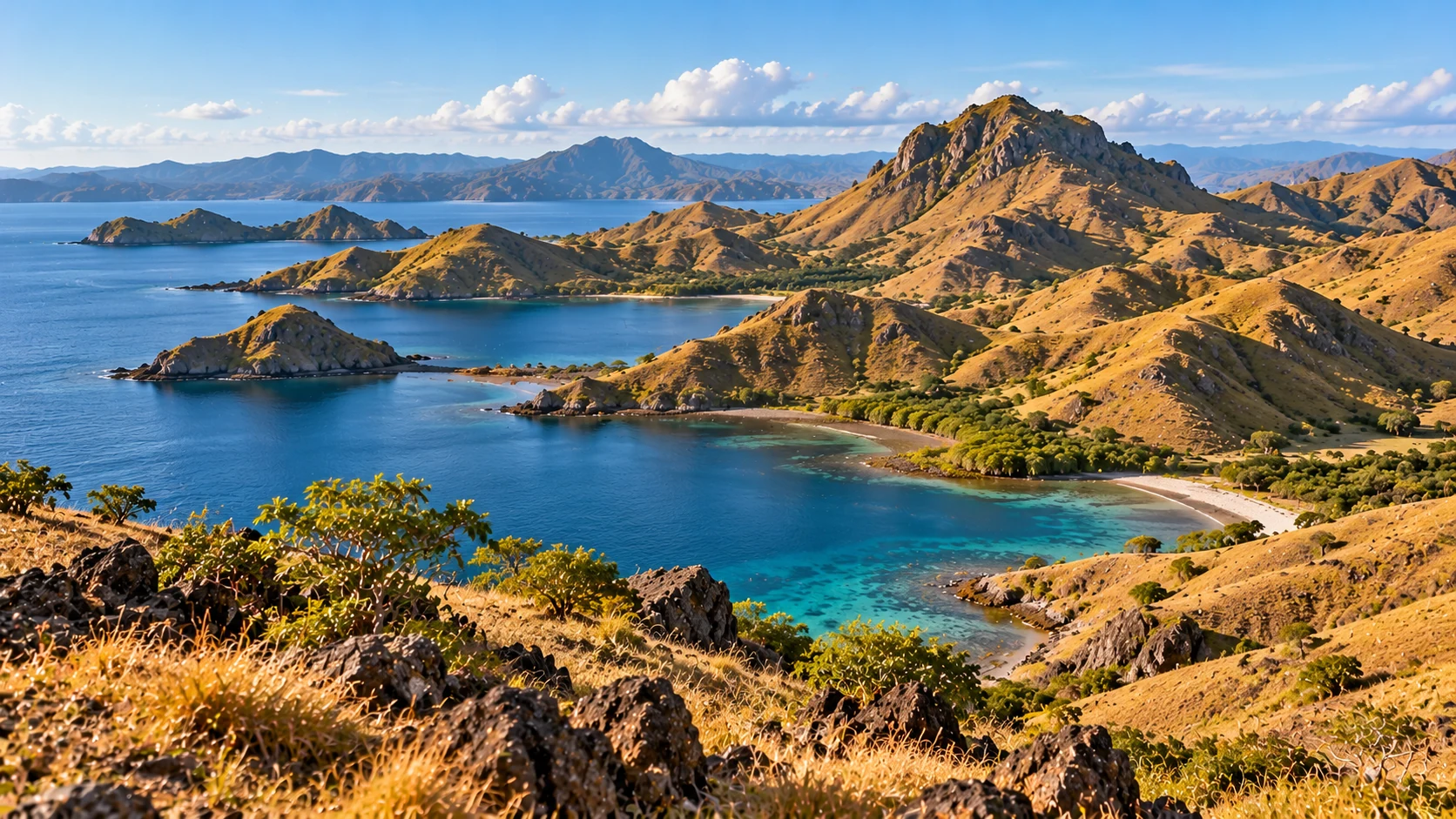 Turquoise waters washing against powdery white shores of Gili Islands and Mount Rinjani